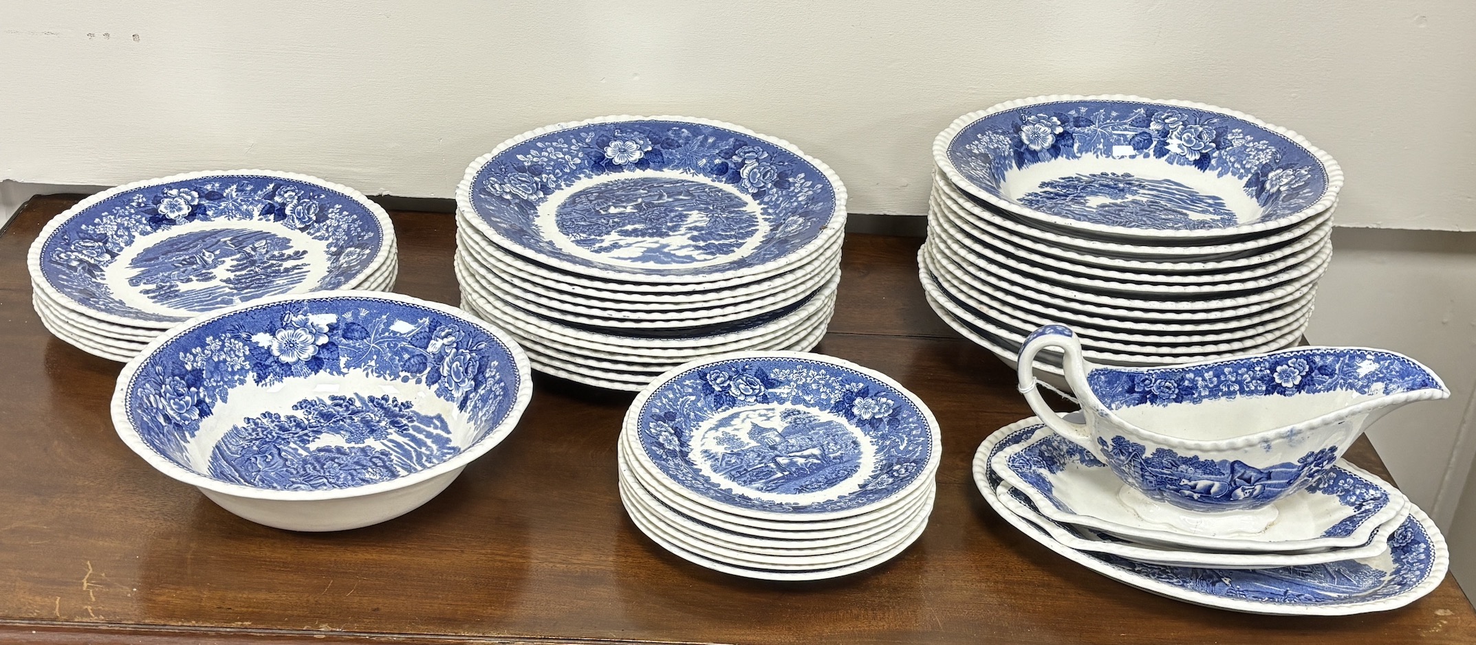 A forty two piece Flintware blue and white table set, early 1900s